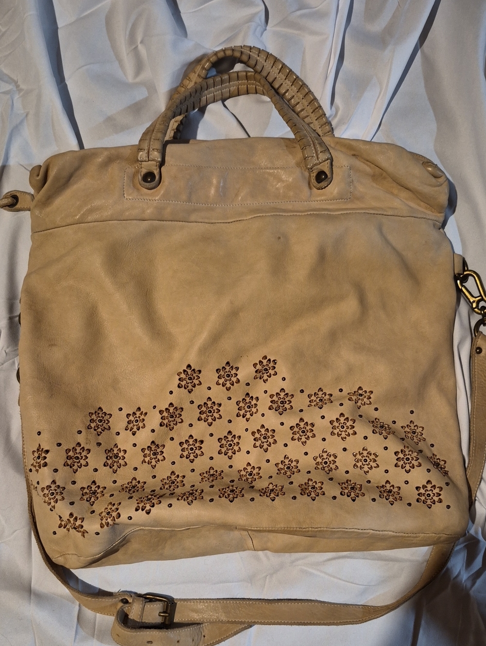 Beige Floral Perforated Leather Tote with Shoulder Strap
